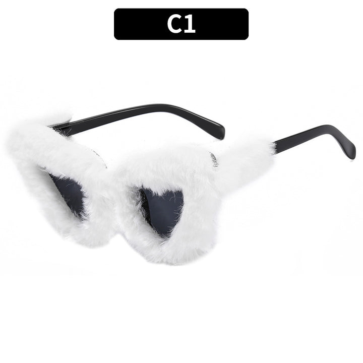 Stylish Triangle Frame Sunglasses with Faux Fur Trim
