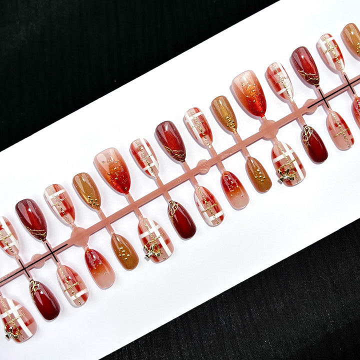Decorative Press-On Nail Set with Gold Accents