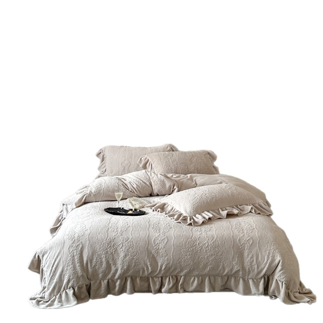 Embossed Jacquard Ruffled Duvet Cover & Decorative Pillow Shams Set