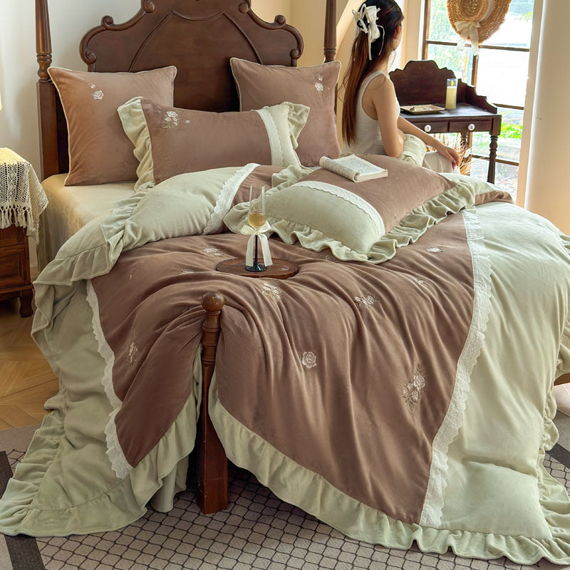 Embroidered Ruffled Velvet-Feel Reversible Duvet Cover and Pillow Sham Ensemble