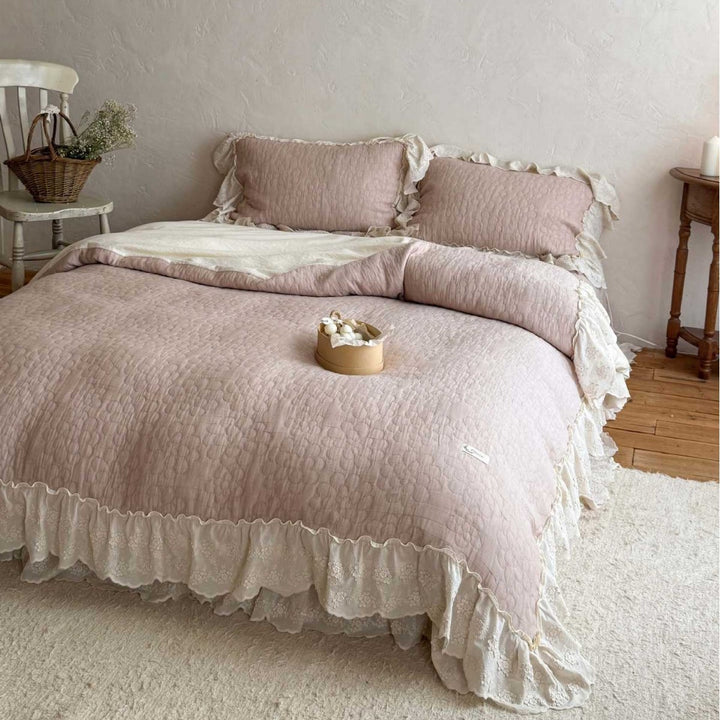 Quilted Ruffled Lace-Trim Bedspread & Reversible Duvet Cover Set with Matching Pillow Shams
