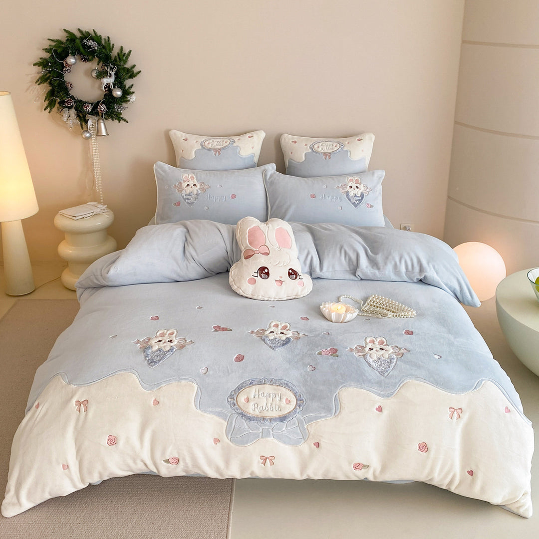 Embroidered Bunny Cotton-Sateen Duvet Cover Set with Plush Bunny Pillow and Ruffled Edge