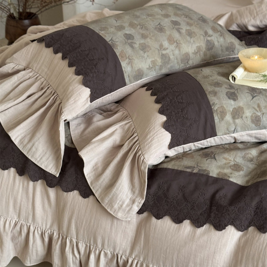 Ruffled Floral Cotton-Linen Blend Duvet Cover Set with Scalloped Embroidered Trim