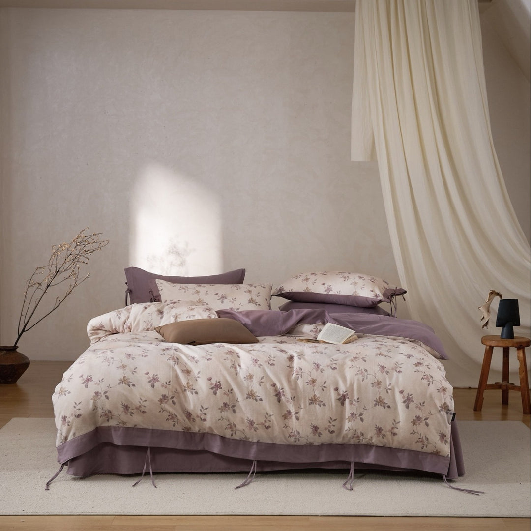 Floral Cotton Sateen Reversible Duvet Cover Set with Solid-Back Oxford Shams