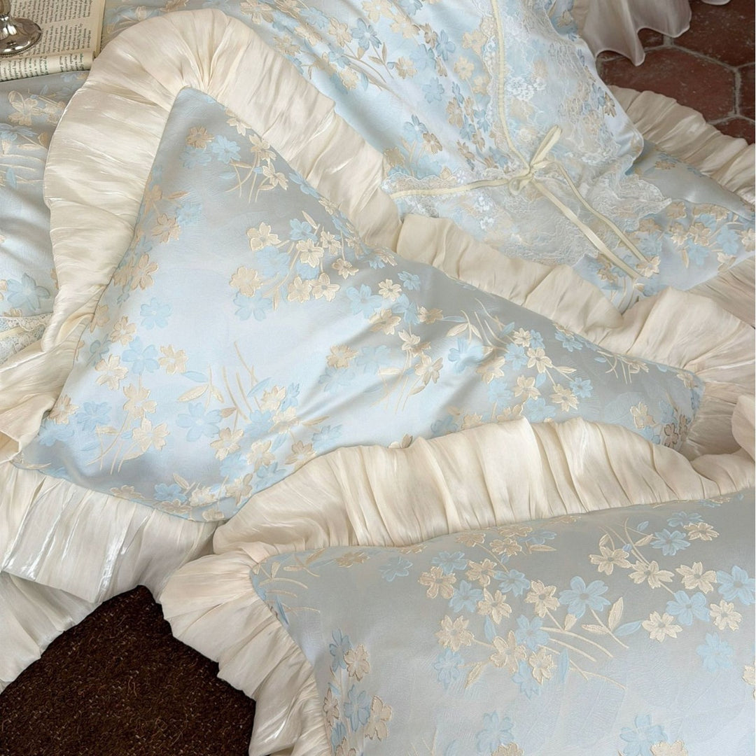 Ruffled Jacquard Floral Satin-Trim Duvet Cover & Sham Set