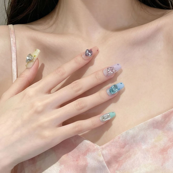 Artistic Press-On Nail Set with Gemstone Embellishments Stornfield