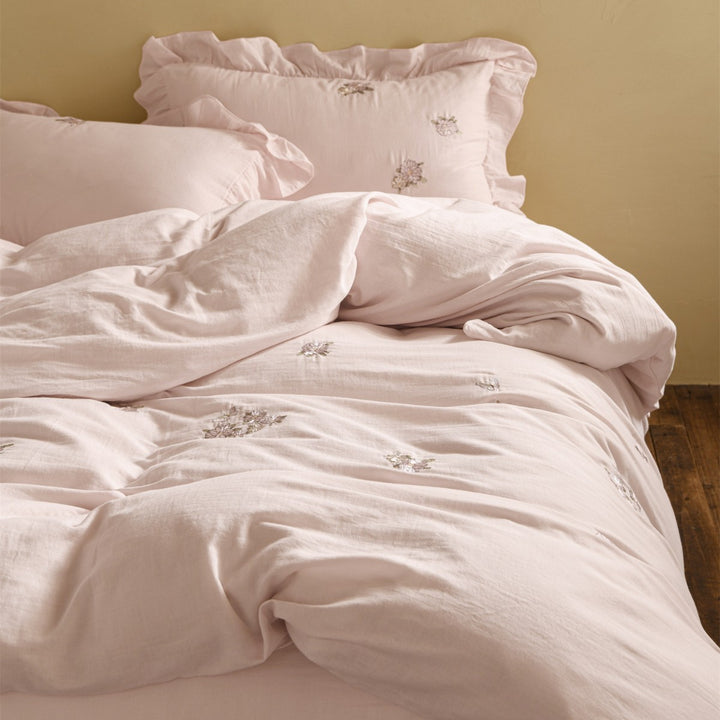 Embroidered Floral Cotton Sateen Duvet Cover Set with Ruffled Pillow Shams