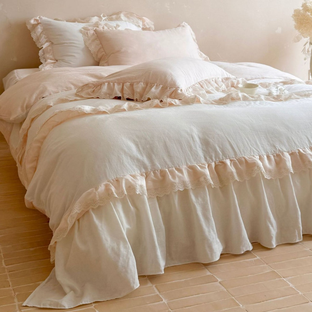 Romantic Washed-Linen Ruffle Duvet Cover Set with Layered Eyelet Lace Bed Skirt and Pillow Shams