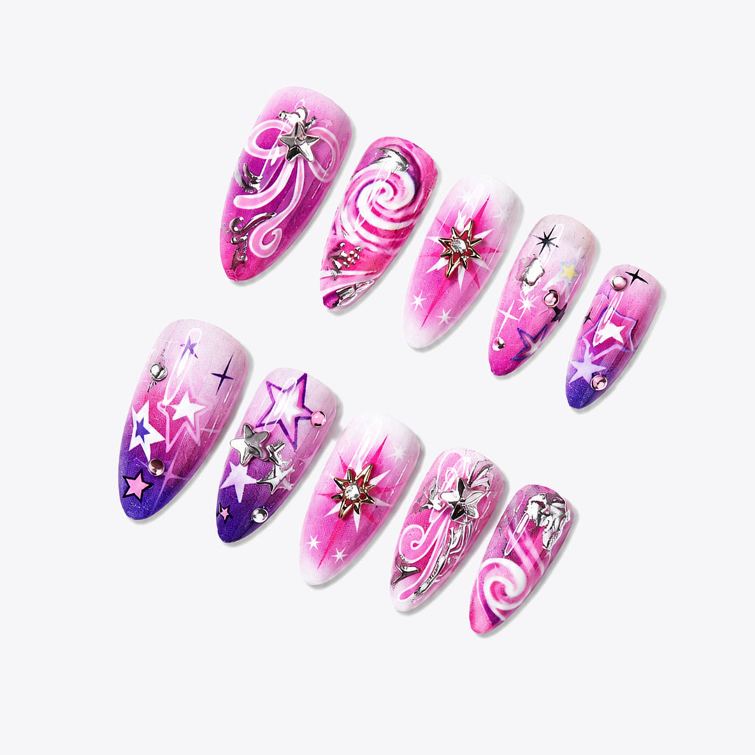 Artistic Press-On Nail Set with Star and Whimsical Patterns Stornfield
