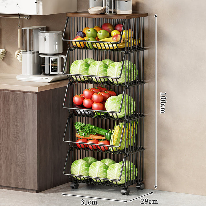 Multi-Tier Rolling Kitchen Pantry Cart with Wood Top and Deep Wire Storage Baskets