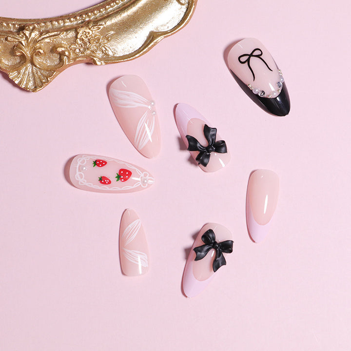 Artistic Press-On Nail Set with Bow and Berry Design Stornfield