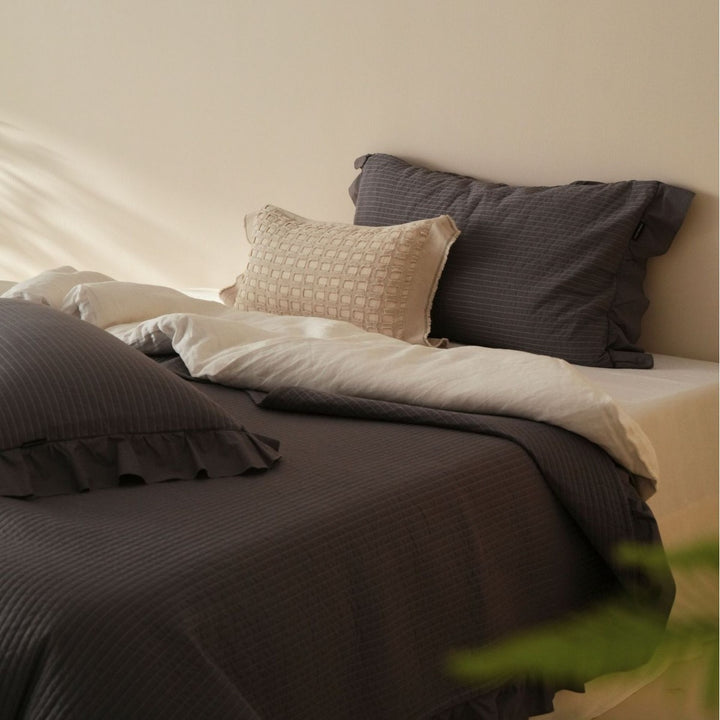 Reversible Washed Cotton Duvet Cover Set with Ruffled Edge and Plush Down-Alternative Comforter
