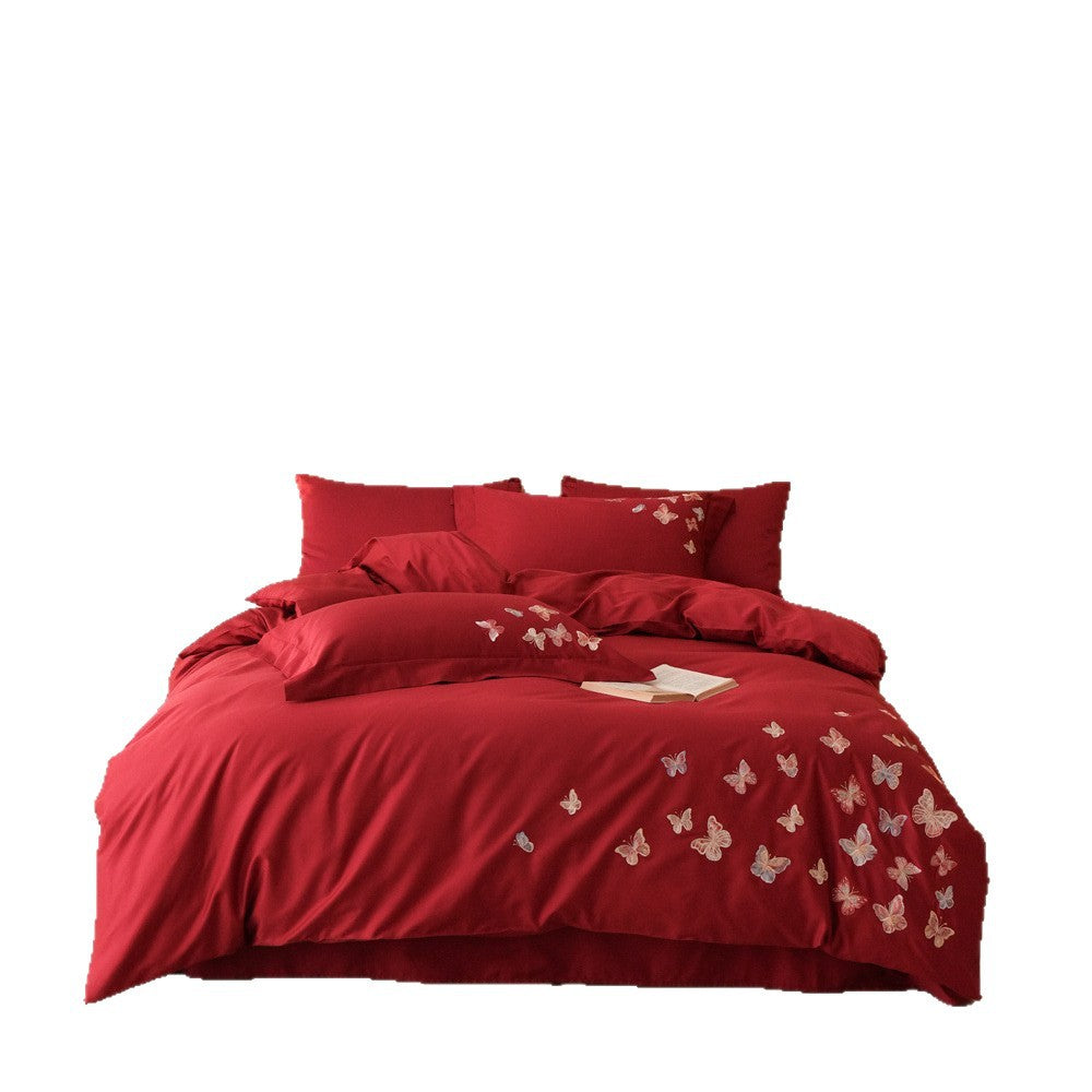 Embroidered bedding set made of cotton satin with butterfly appliqué