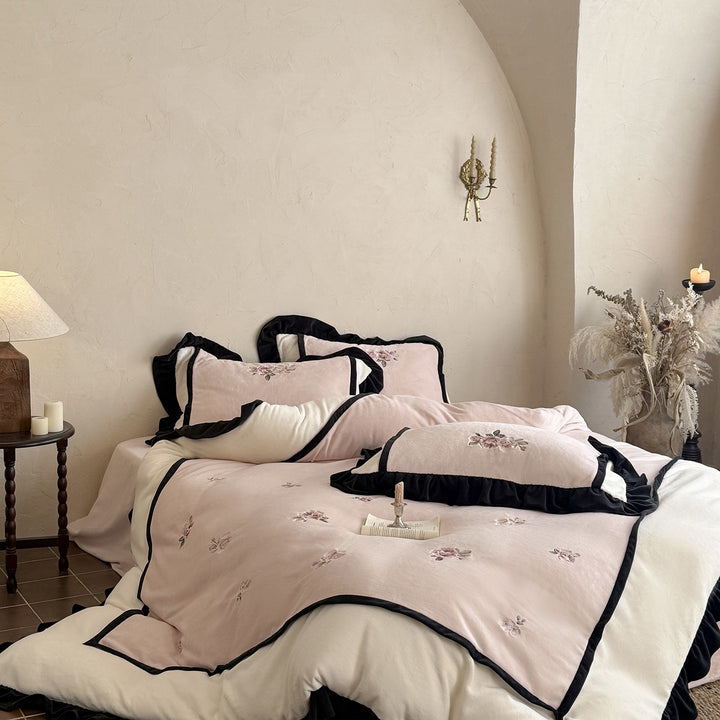 Luxury Embroidered Floral Ruffle Duvet Cover Set