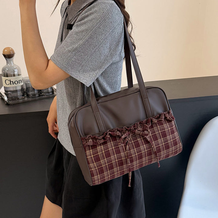 Stylish Plaid Trimmed Satchel