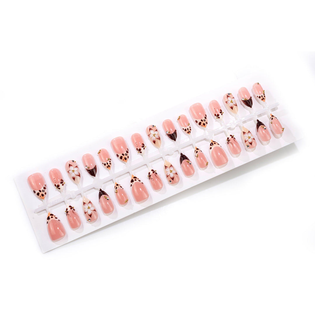 Artistic Floral Press-On Nail Art Set with Ladybug Design Stornfield