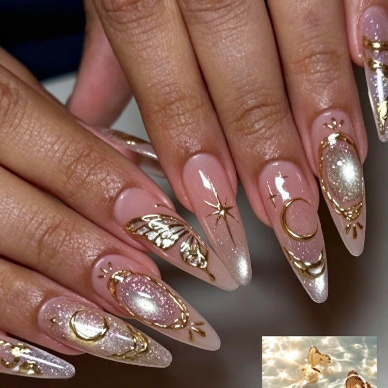 Acrylic nail set with elegant glitter and flower appliqués Stornfield
