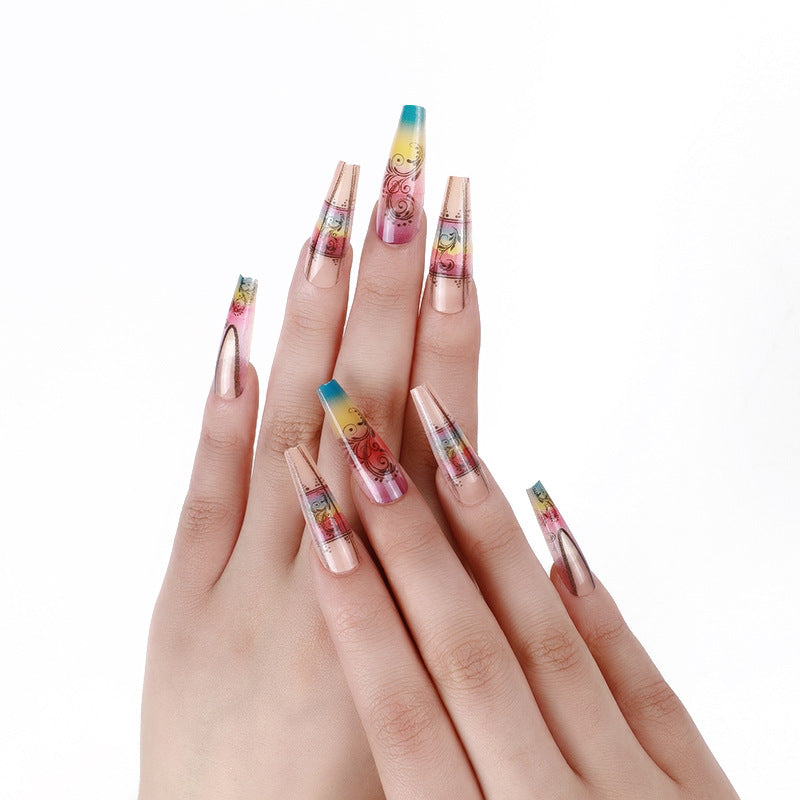 Fake nails with creative gradient colors and floral patterns Stornfield