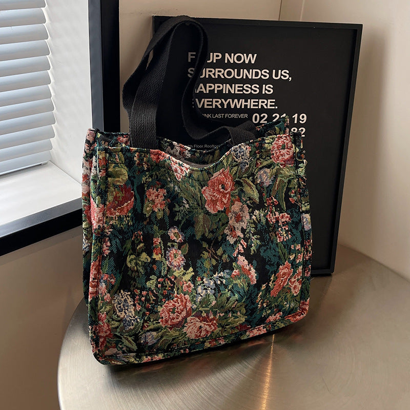 Floral Embroidered Tapestry Tote Bag