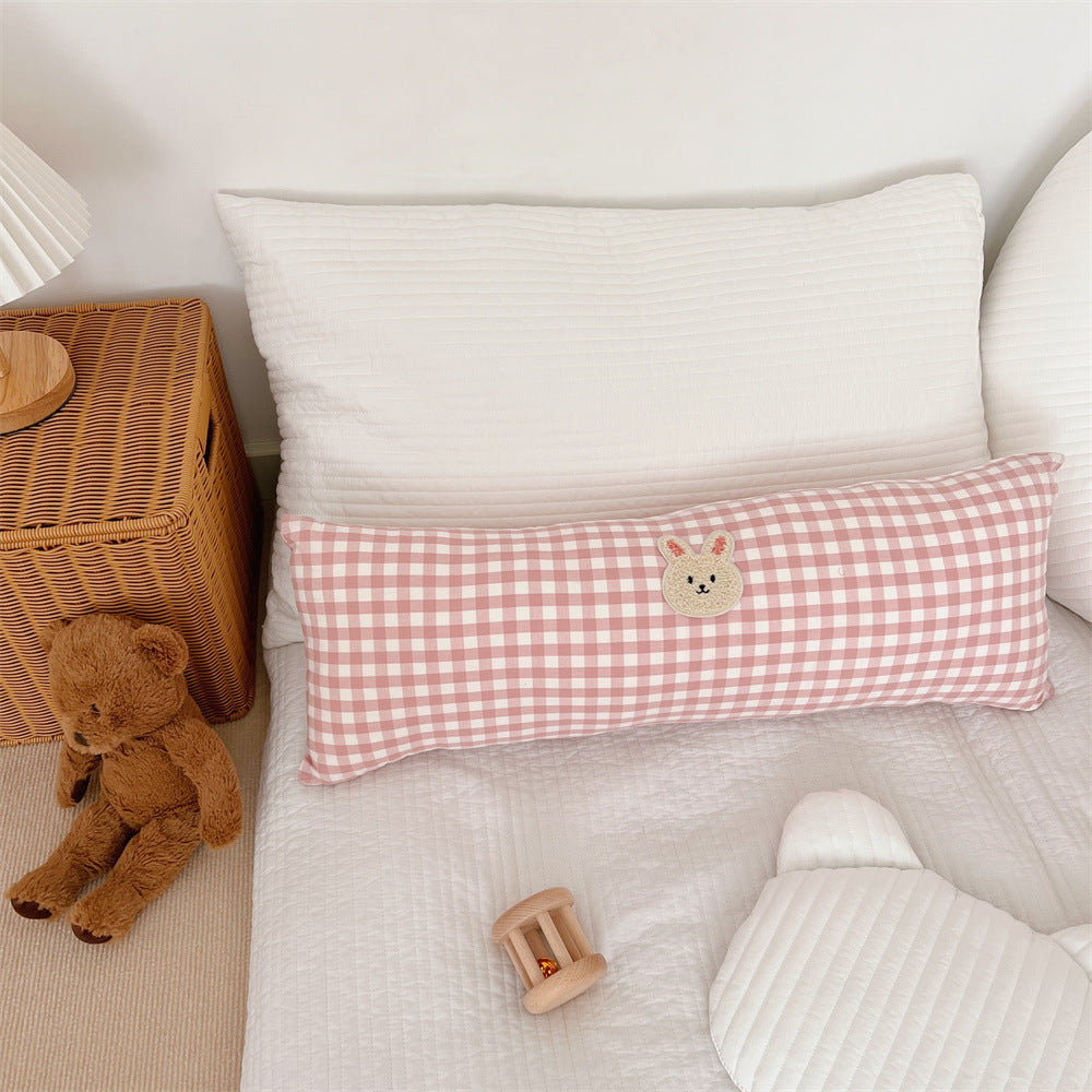 Gingham Bolster Nursery Pillow with Embroidered Daisy Appliqué Cotton Cover