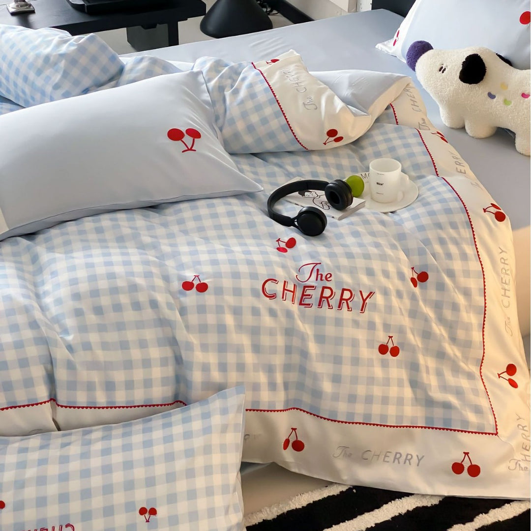 Pastel Gingham Cherry Embroidered Bedding Duvet Cover Set with Satin-Edge Pillow Shams