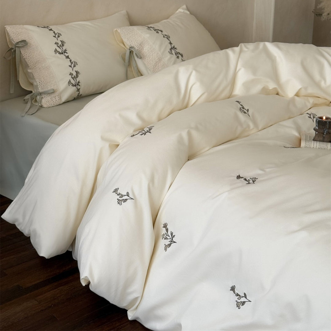 Embroidered Crochet-Trim Pillowcase Set with Ribbon Tie Closures