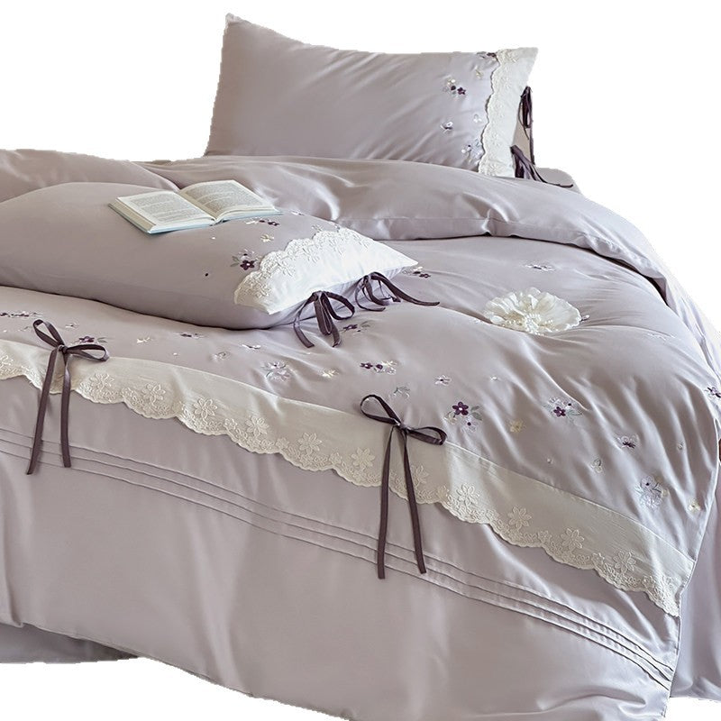 Embroidered Lace-Trim Ribbon Bow Duvet Cover Set with Pillow Shams