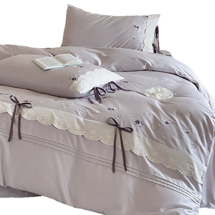 Embroidered Lace-Trim Ribbon Bow Duvet Cover Set with Pillow Shams