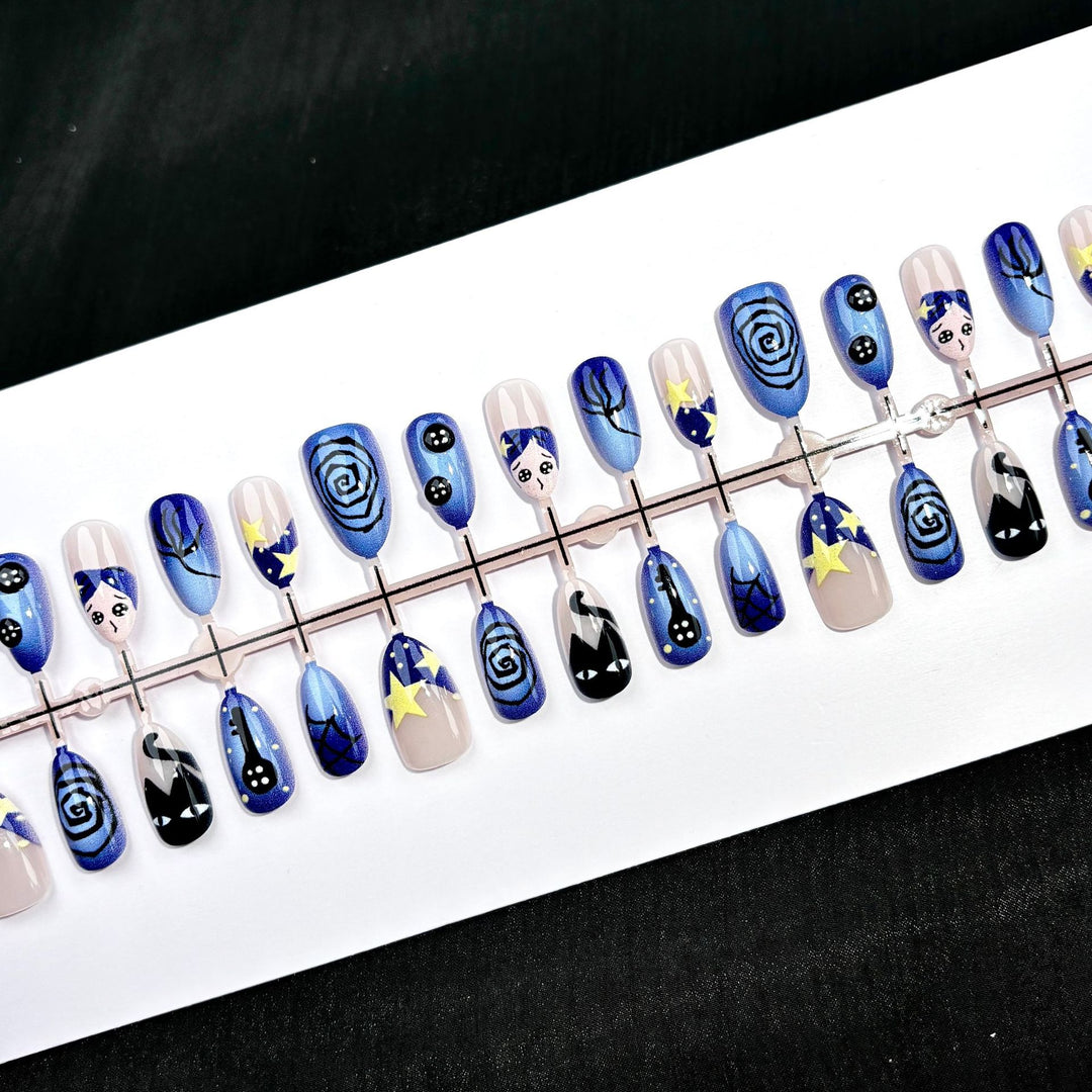 Artistic Press-On Nail Art Set with Celestial Motifs