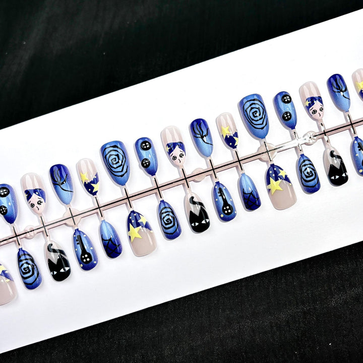 Artistic Press-On Nail Art Set with Celestial Motifs