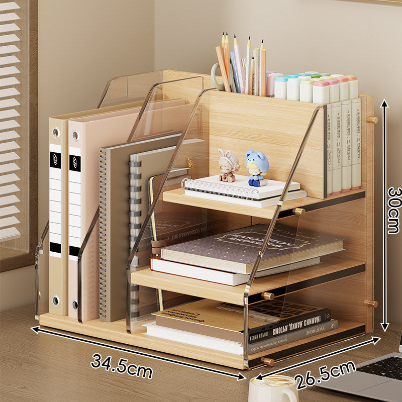 Wood-Accent Acrylic Multi-Tier Desktop Organizer with Adjustable Shelves