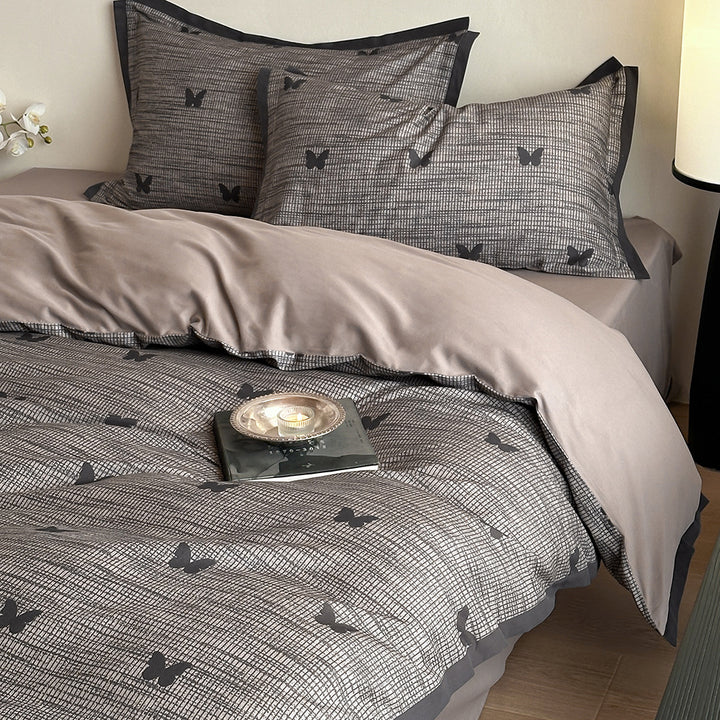 Duvet cover set with fine check pattern and subtle floral relief made of cotton blend