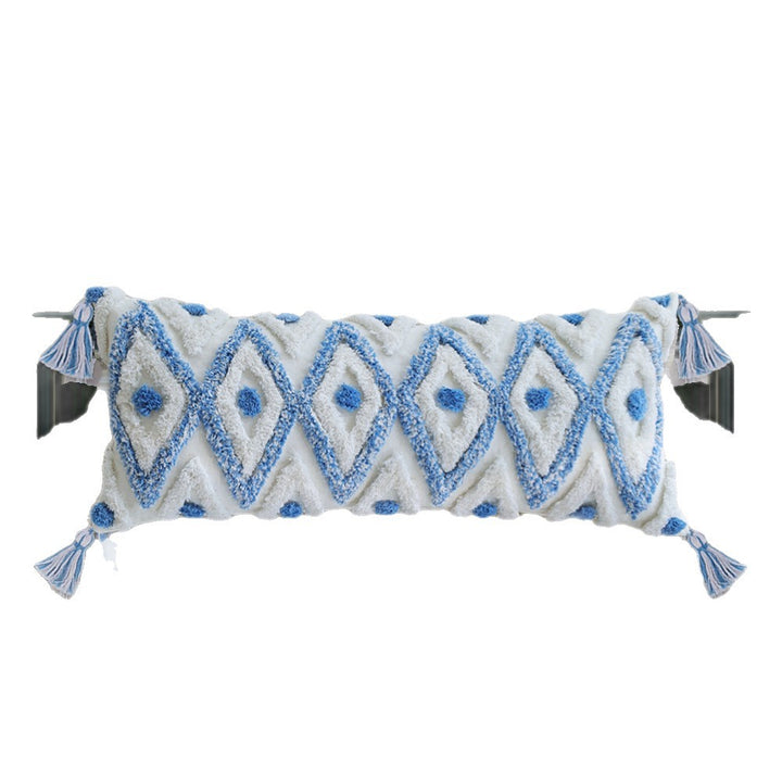 Square handwoven cushion cover made of cotton-linen with raised stripe tufting and corner tassels Stornfield
