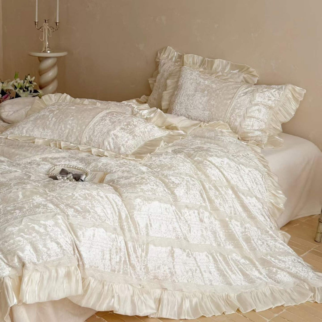 Ruffled Velvet Jacquard Duvet Cover and Pillow Sham Set with Satin Trim