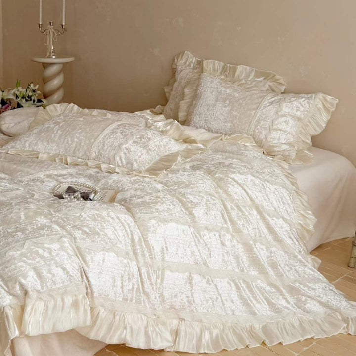 Ruffled Velvet Jacquard Duvet Cover and Pillow Sham Set with Satin Trim