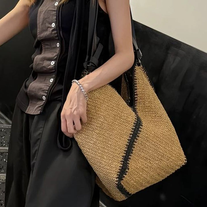 Braided Natural Material Handbag with Black Drawstring Stornfield