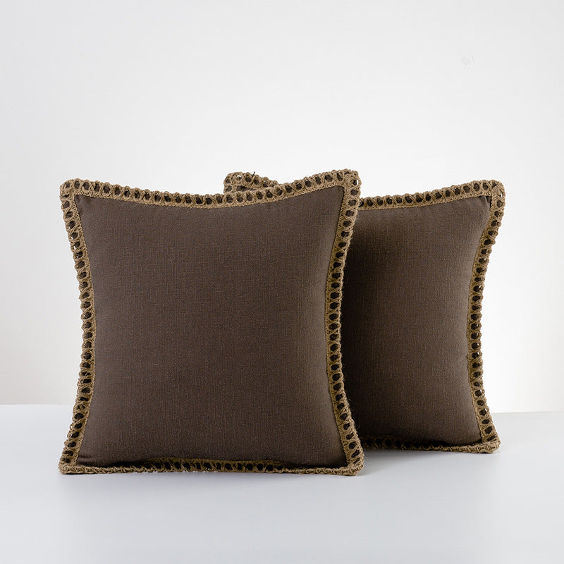 Decorative Linen Throw Pillow Pair with Braided Fringe Trim