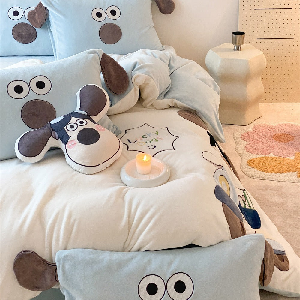 Cozy microfiber velvet bedding with three-dimensional plush dog applique and ear pillow