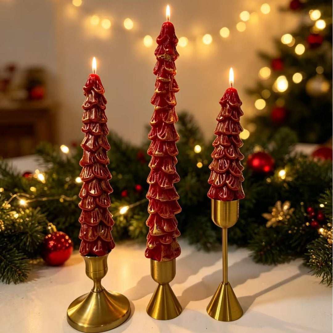 Festive Sculpted Pine Taper Candle Trio with Brass Holders