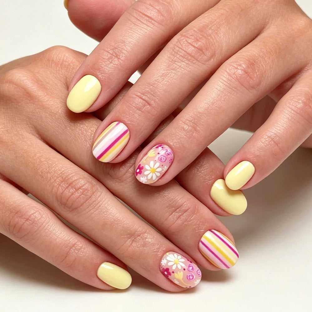 Artistic Floral and Striped Press-On Nail Art Stornfield