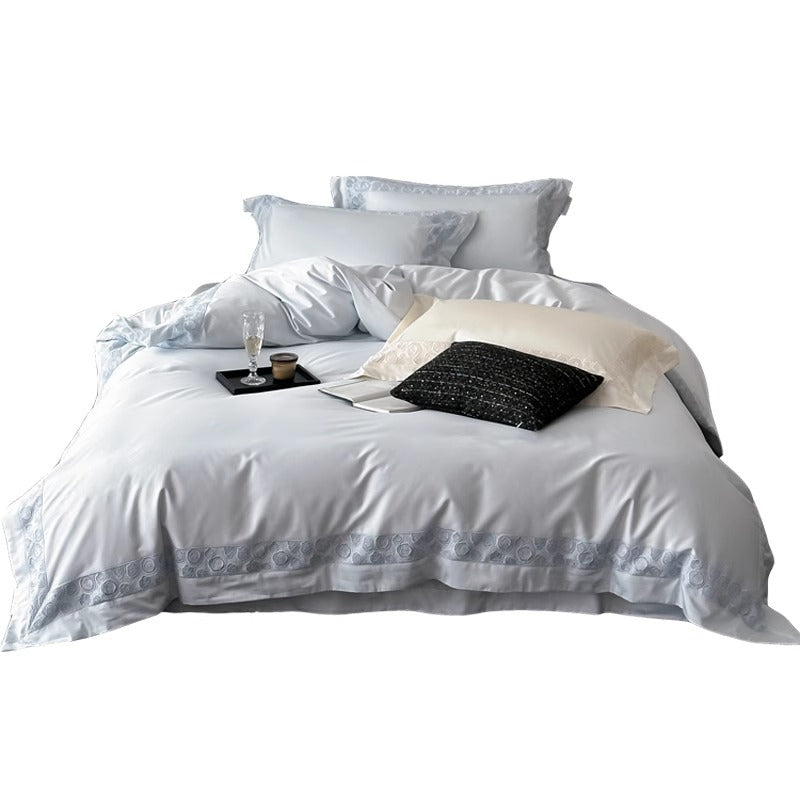 Silky Micro-Sateen Rose-Scroll Embroidered Duvet Cover Set with Scalloped Hem & Pillow Shams