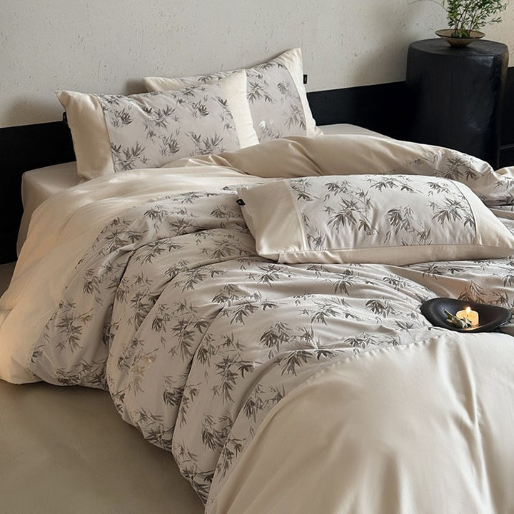 Satin bedding set with fine bamboo leaf print and silky soft finish