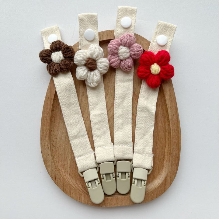 Crochet Flower Pacifier Clip with Cotton Strap