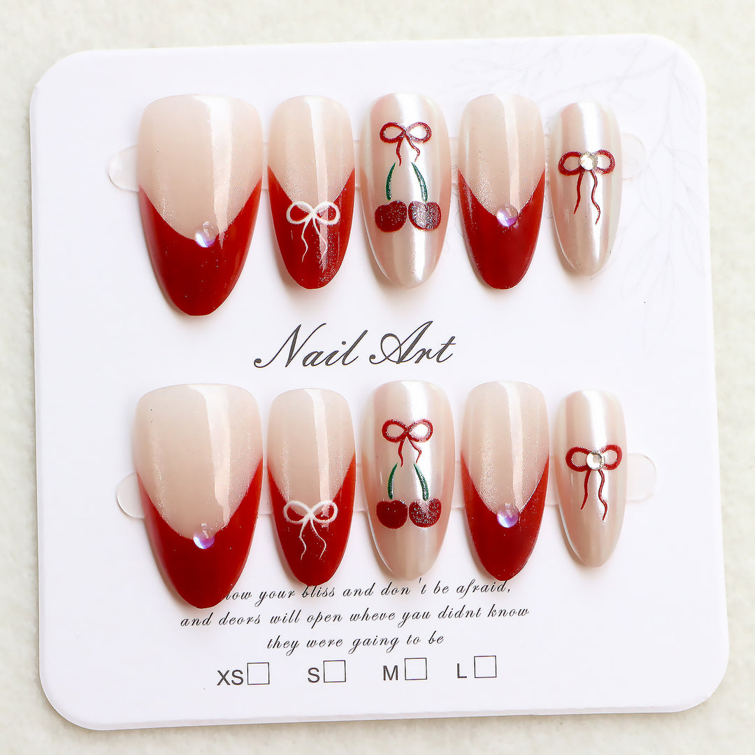Artistic Press-On Nail Set with Cherry and Ribbon Design Stornfield