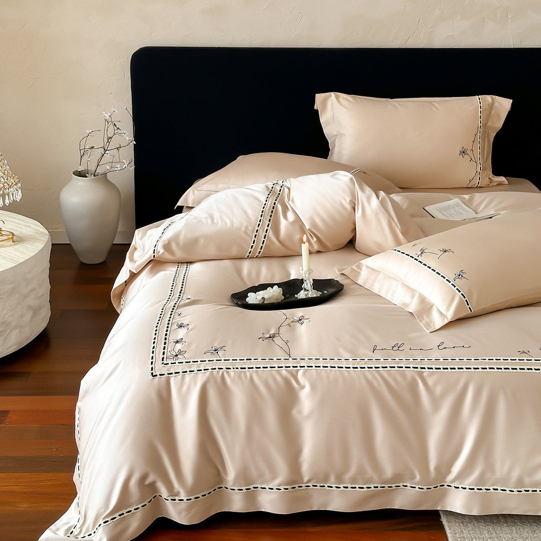 Embroidered Luxury Satin Duvet Cover Set with Decorative Pillow Shams
