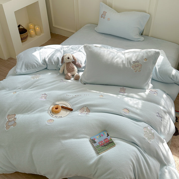 Plush Embroidered Teddy Fleece Duvet Comforter Set with Pillow Shams