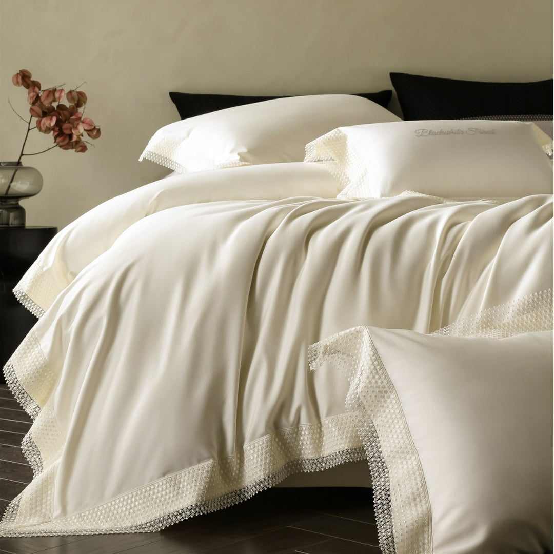 Silky Sateen Duvet Cover and Euro Sham Set with Geometric Lace Border