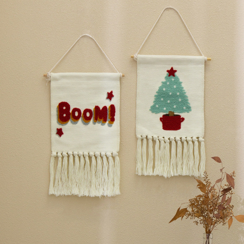 Woven cotton blend wall hanging with tufted cactus motif and cotton fringes Stornfield