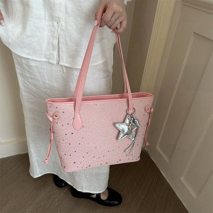 Star-Accented Faux Leather Tote Bag