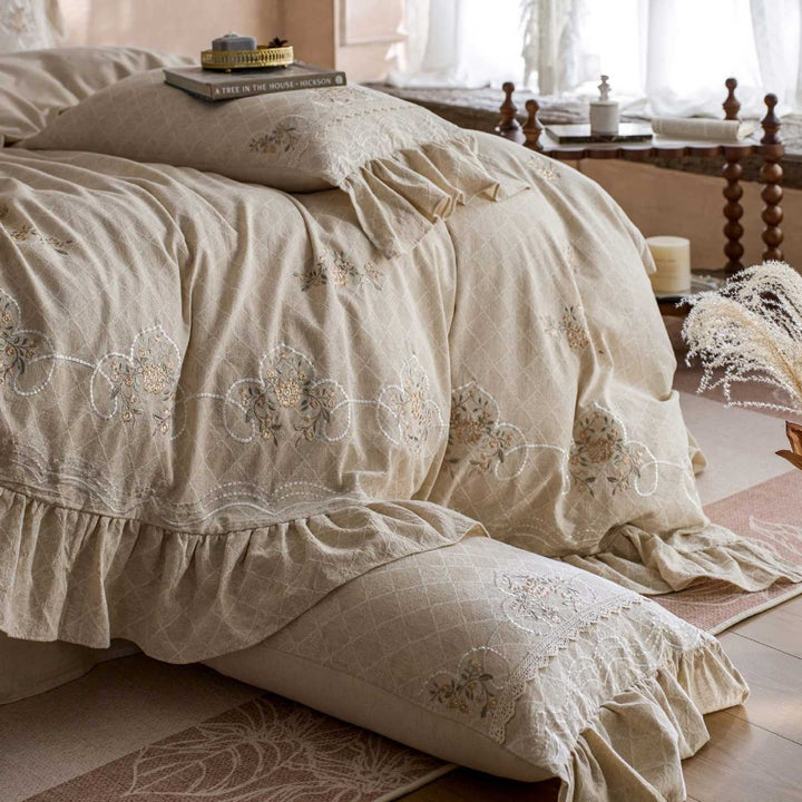 Embroidered Ruffled Cotton Duvet Cover Set with Skirted Bedspread